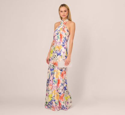 Bias Cut Floral Satin Halter Gown In Ivory Multi