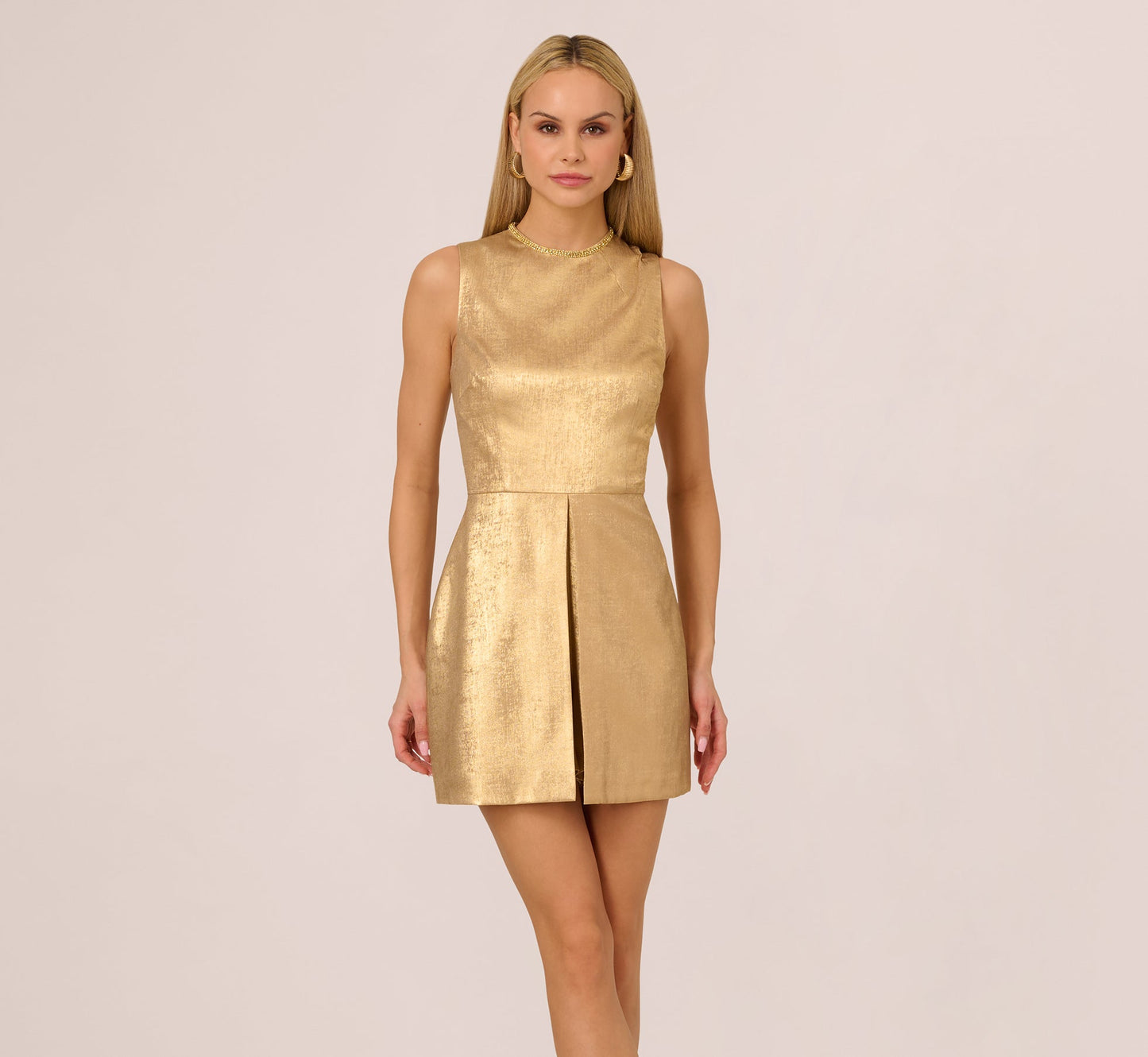 Foiled Sleeveless Beaded Collar Overlay Romper In Light Gold