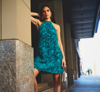 Soutache Embroidered Trapeze Dress In Teal Lagoon
