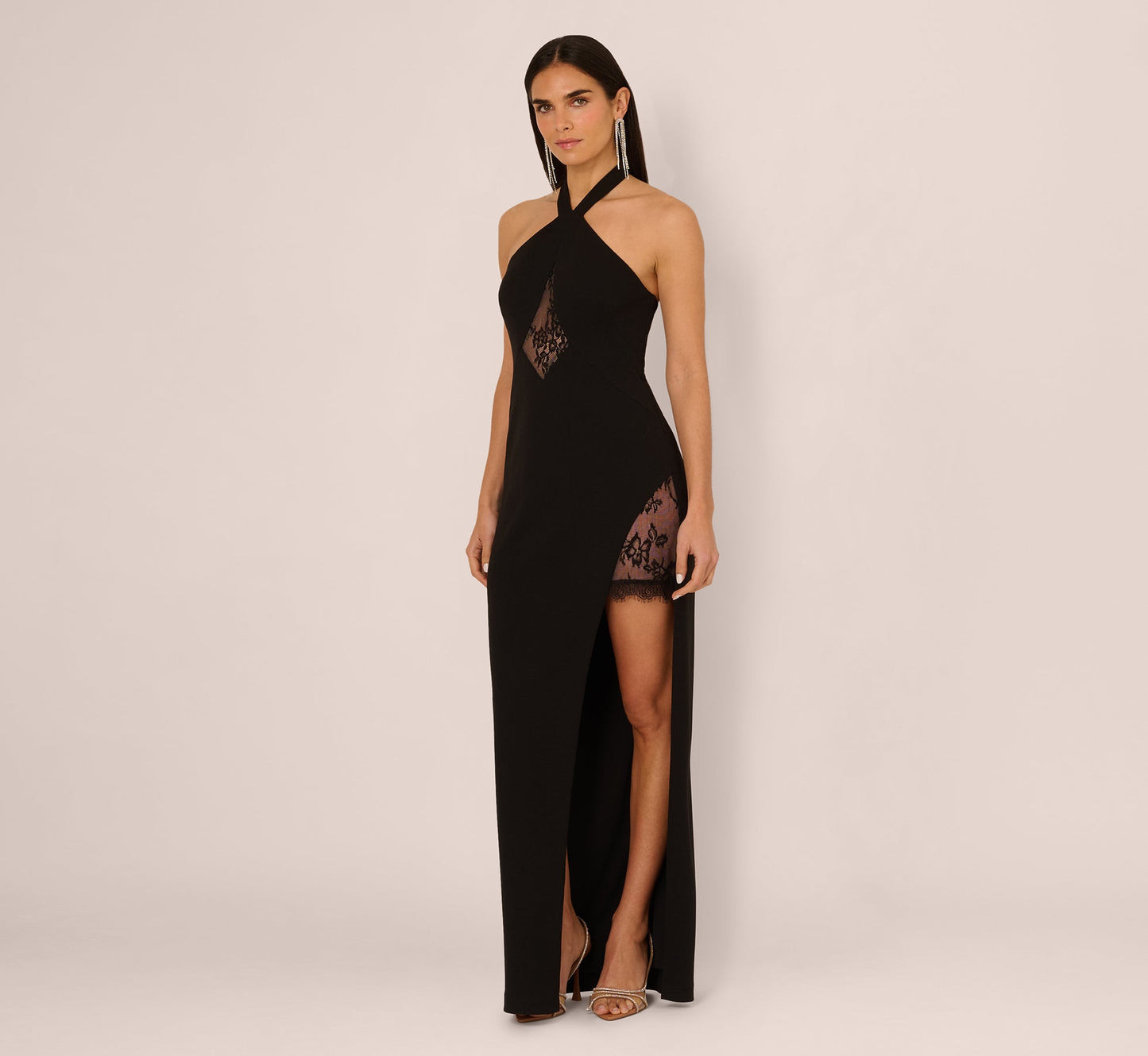 Lace Panel Cutout Halter Gown In Black