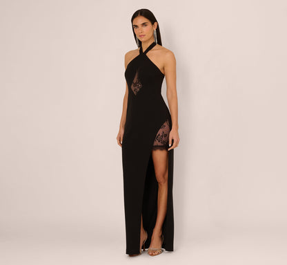 Lace Panel Cutout Halter Gown In Black