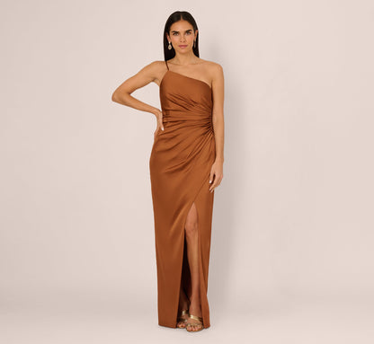 One Shoulder Ruched Satin Gown In Cinnamon