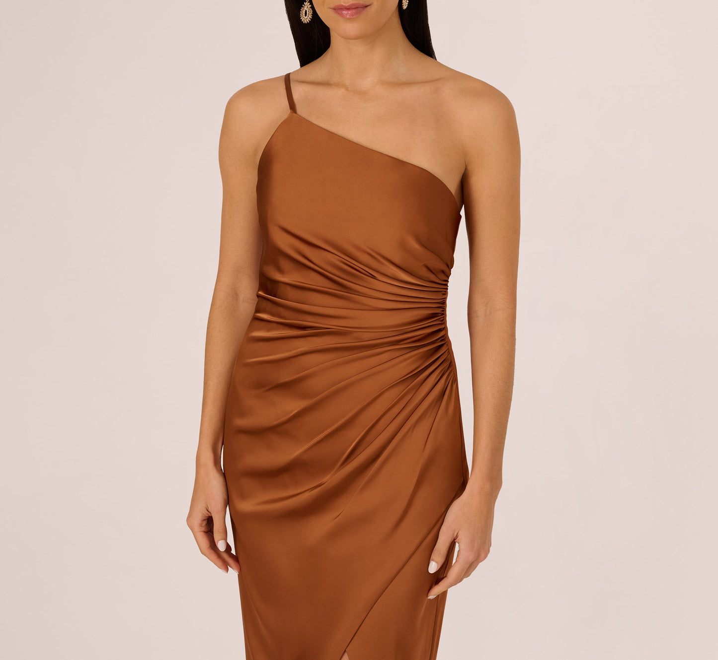 One Shoulder Ruched Satin Gown In Cinnamon