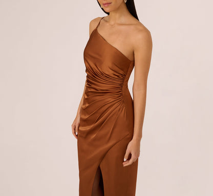 One Shoulder Ruched Satin Gown In Cinnamon