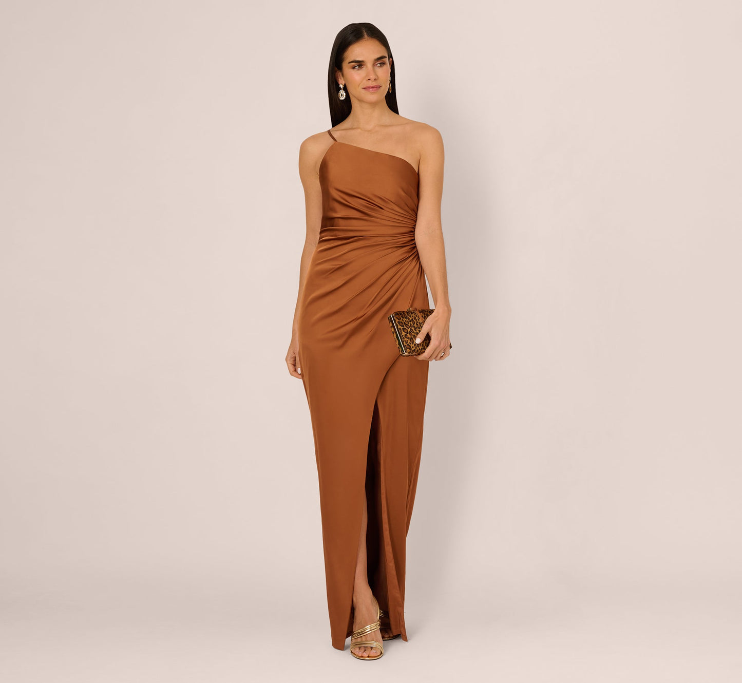 One Shoulder Ruched Satin Gown In Cinnamon