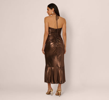 Foil Ruched Ruffle Halter Midi Dress In Cinnamon