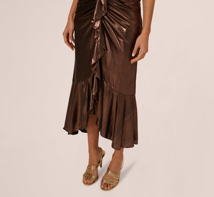 Foil Ruched Ruffle Halter Midi Dress In Cinnamon
