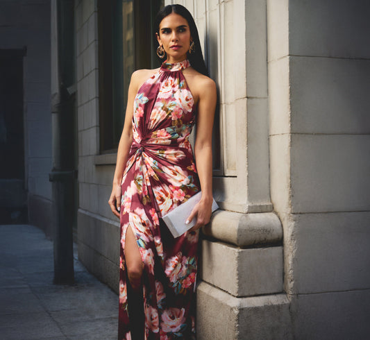 Floral Satin Twist Waist Halter Gown In Brown Multi