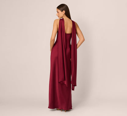 Strapless Scarf Chain Satin Dress In Crimson Haze