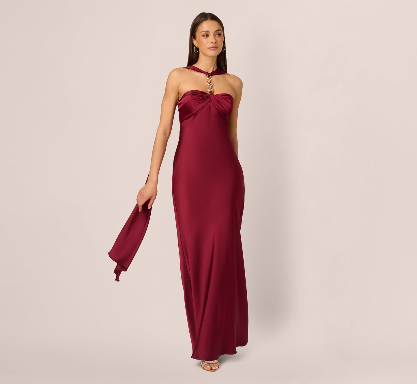 Strapless Scarf Chain Satin Dress In Crimson Haze