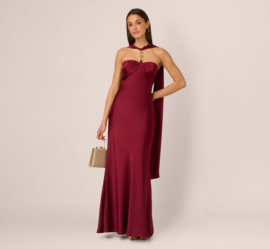 Strapless Scarf Chain Satin Dress In Crimson Haze