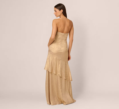 Strapless Foil Flounce Gown In Light Gold