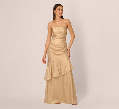 Strapless Foil Flounce Gown In Light Gold