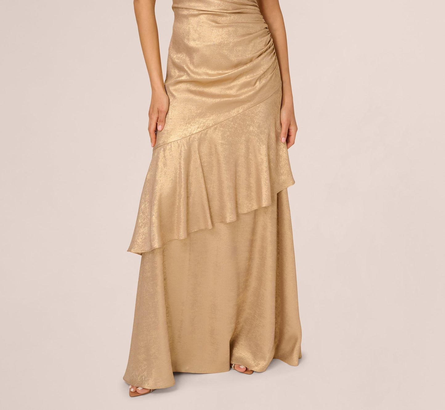 Strapless Foil Flounce Gown In Light Gold