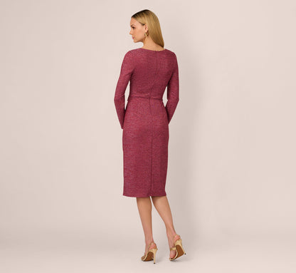 Long Sleeve Metallic Knit Midi Cocktail Dress In Crimson Haze