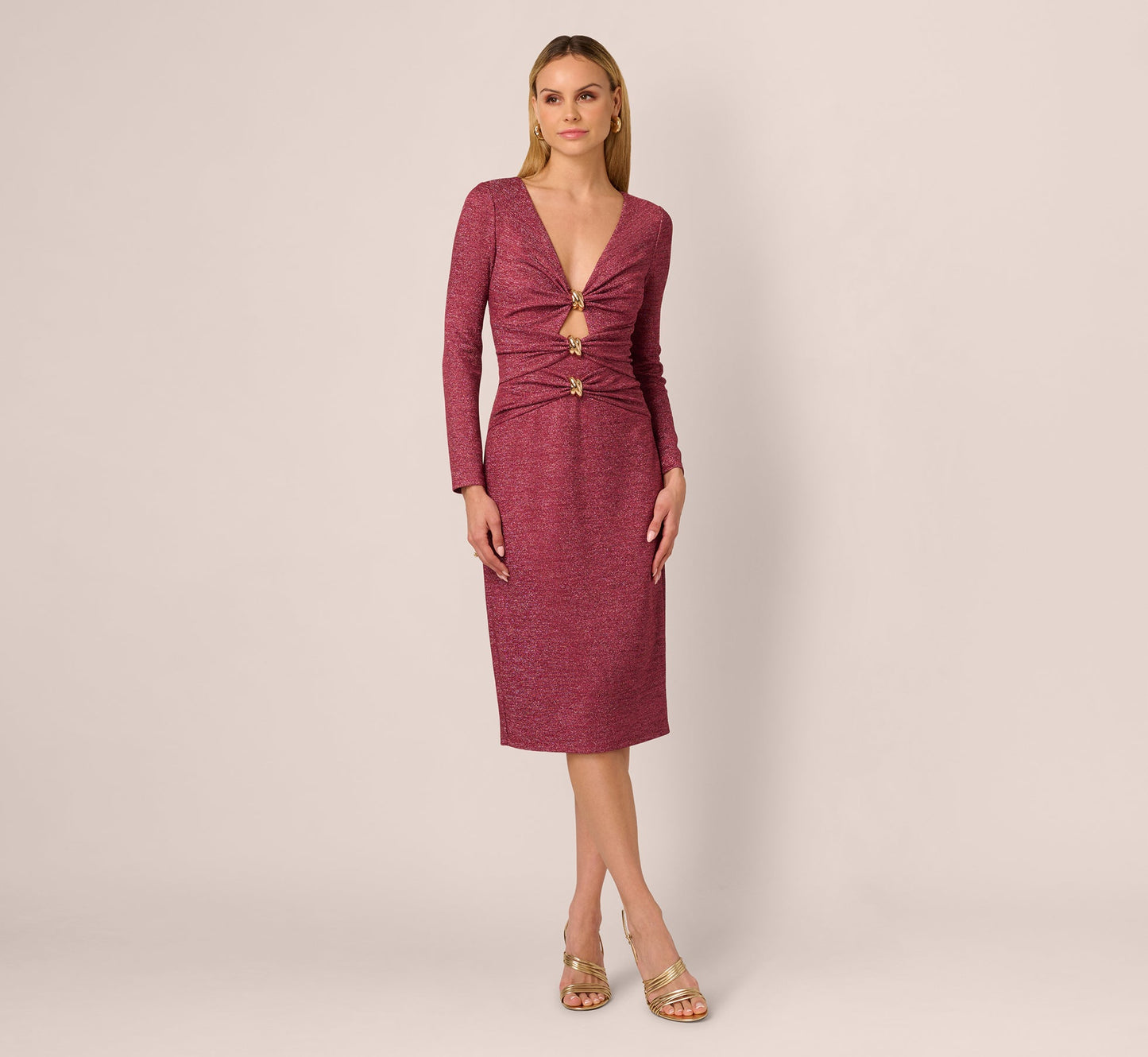 Long Sleeve Metallic Knit Midi Cocktail Dress In Crimson Haze