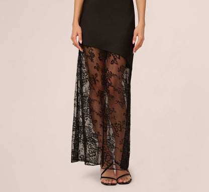 Sleeveless Satin Lace Maxi Gown In Black