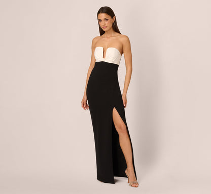 Strapless Plunge Color Block Gown In Black Ivory