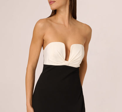 Strapless Plunge Color Block Gown In Black Ivory
