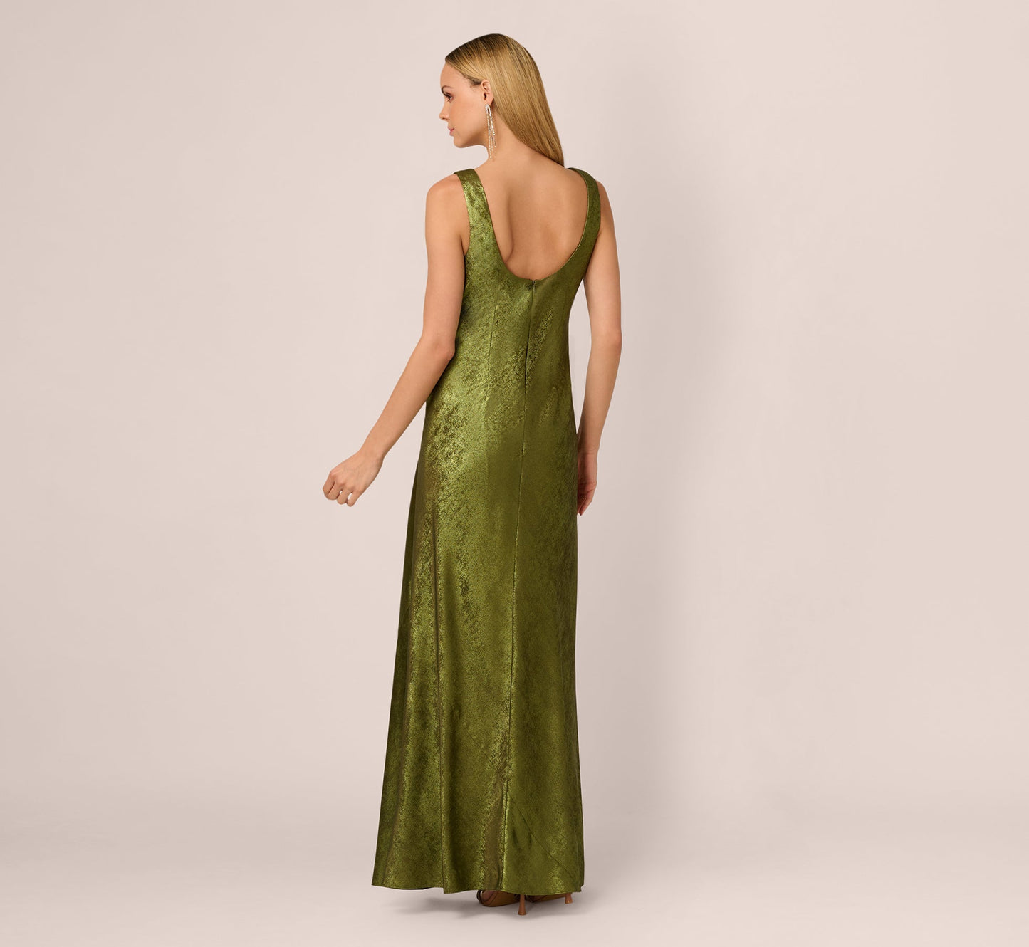 Sleeveless Bias Cut Foil Cowl Gown In Dark Olive