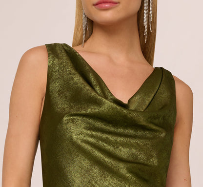 Sleeveless Bias Cut Foil Cowl Gown In Dark Olive