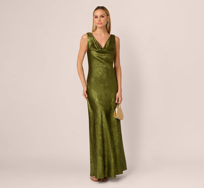 Sleeveless Bias Cut Foil Cowl Gown In Dark Olive