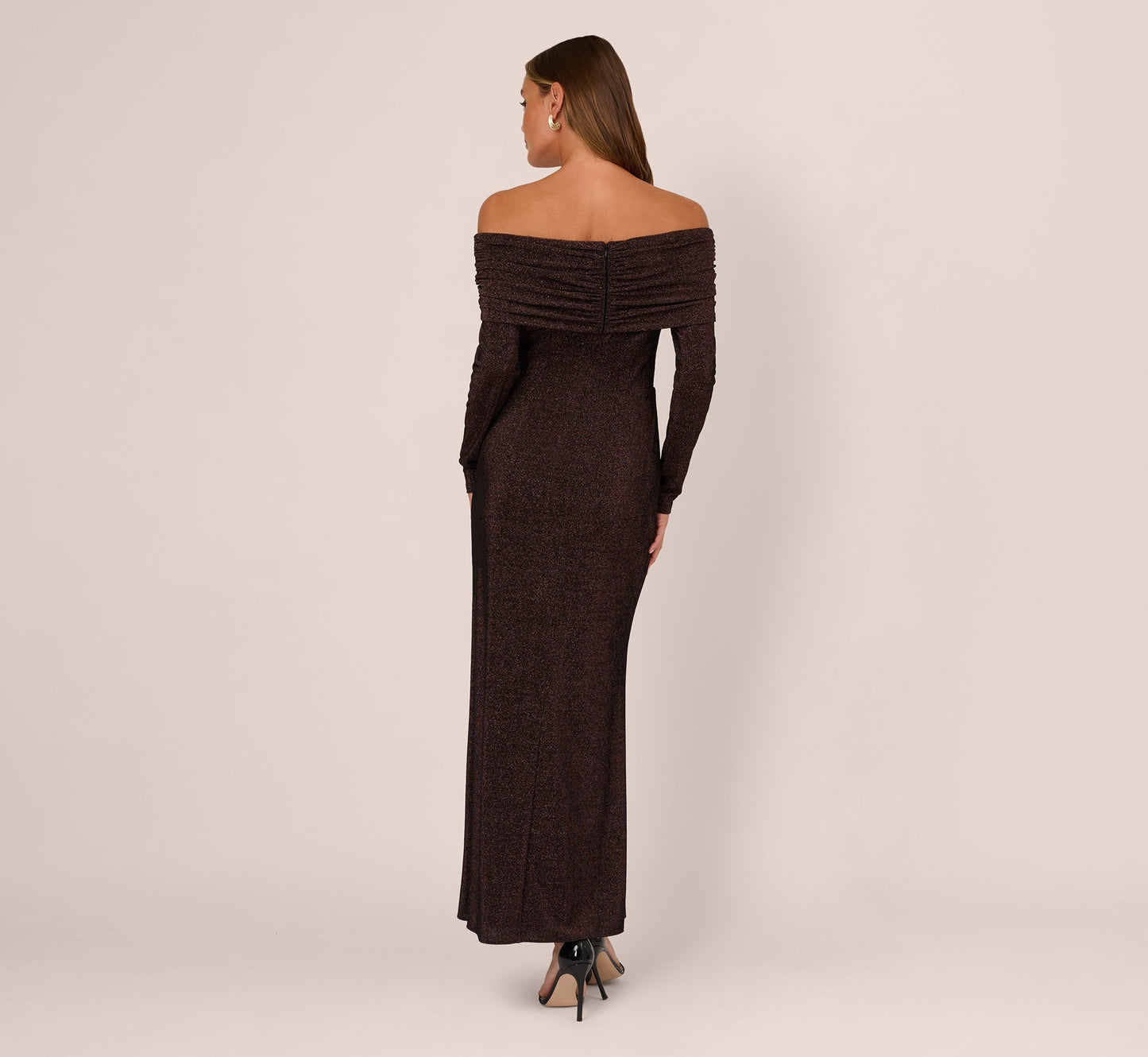 Off Shoulder Long Sleeve Metallic Knit Maxi Dress In Chocolate