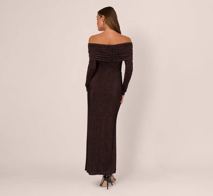 Off Shoulder Long Sleeve Metallic Knit Maxi Dress In Chocolate