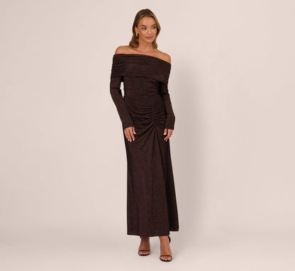 Off Shoulder Long Sleeve Metallic Knit Maxi Dress In Chocolate