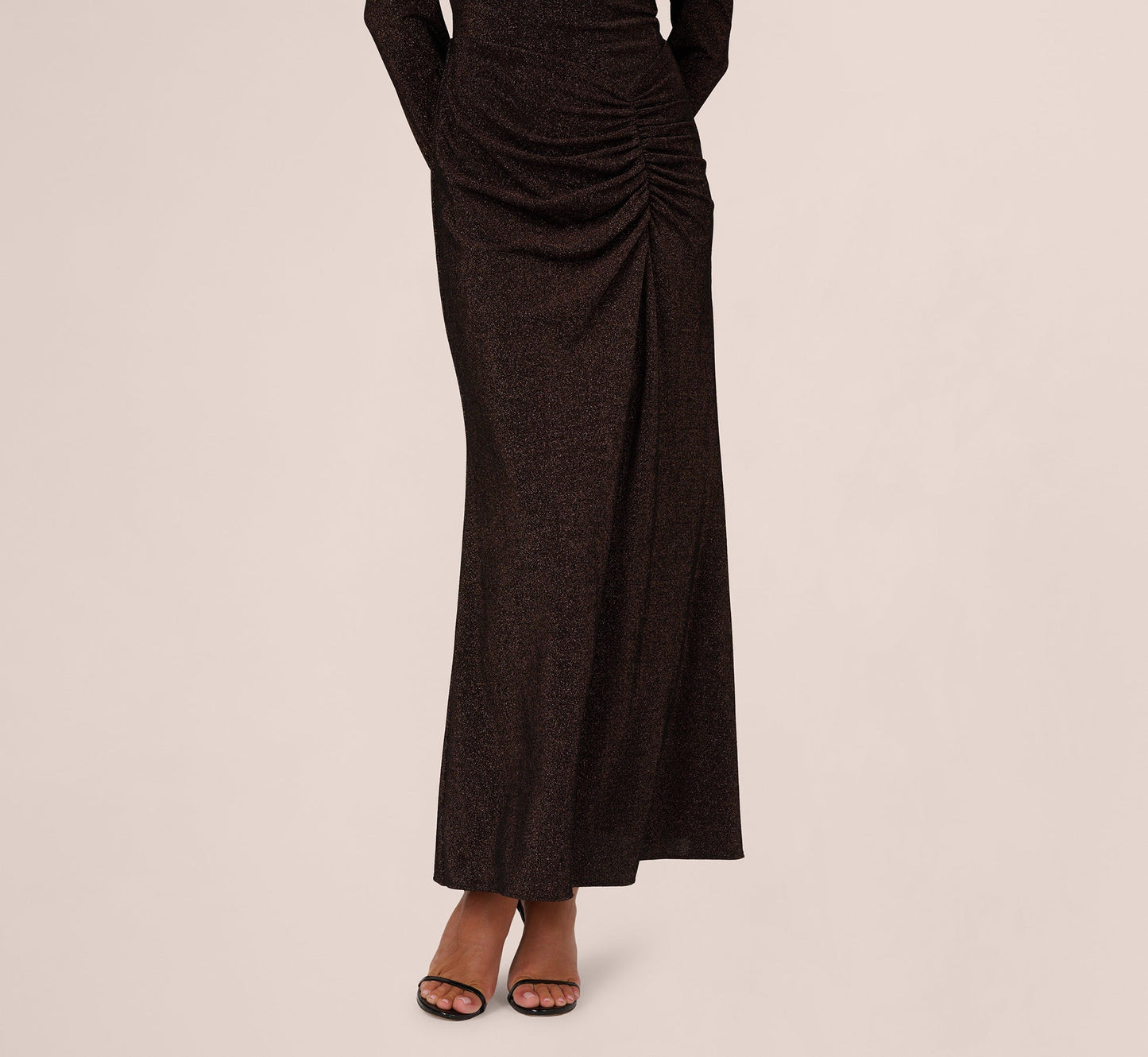 Off Shoulder Long Sleeve Metallic Knit Maxi Dress In Chocolate