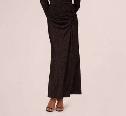 Off Shoulder Long Sleeve Metallic Knit Maxi Dress In Chocolate