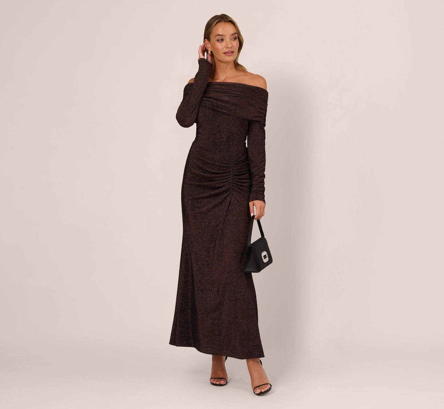 Off Shoulder Long Sleeve Metallic Knit Maxi Dress In Chocolate