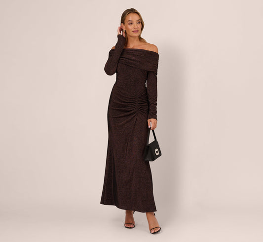 Off Shoulder Long Sleeve Metallic Knit Maxi Dress In Chocolate