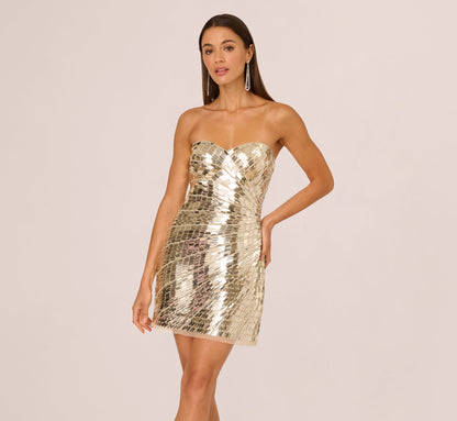 Strapless Mirror Sequin Mini Cocktail Dress In Light Gold