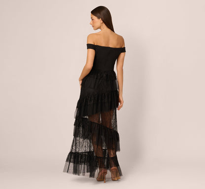 Off Shoulder Lace Ruffle Combo Gown In Black
