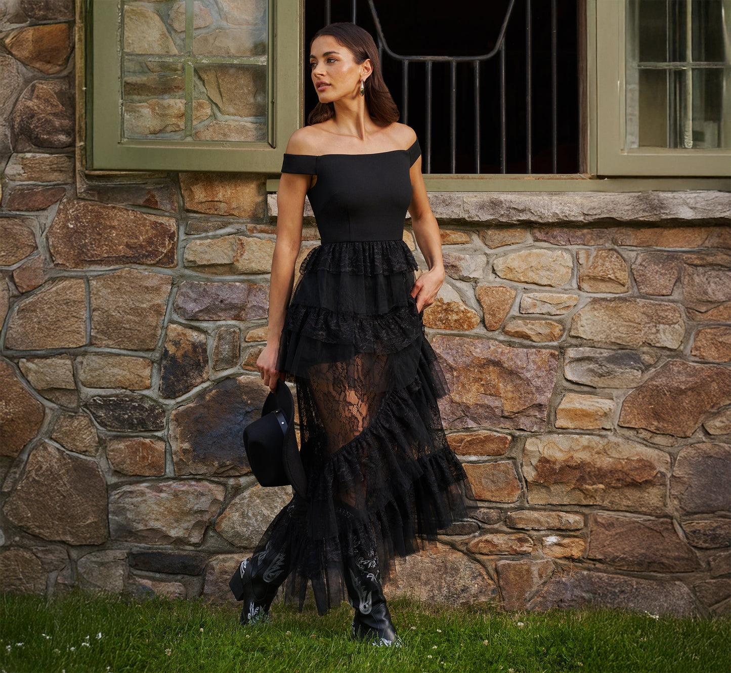 Off Shoulder Lace Ruffle Combo Gown In Black