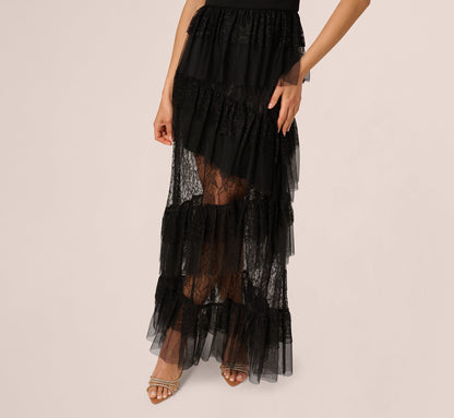 Off Shoulder Lace Ruffle Combo Gown In Black