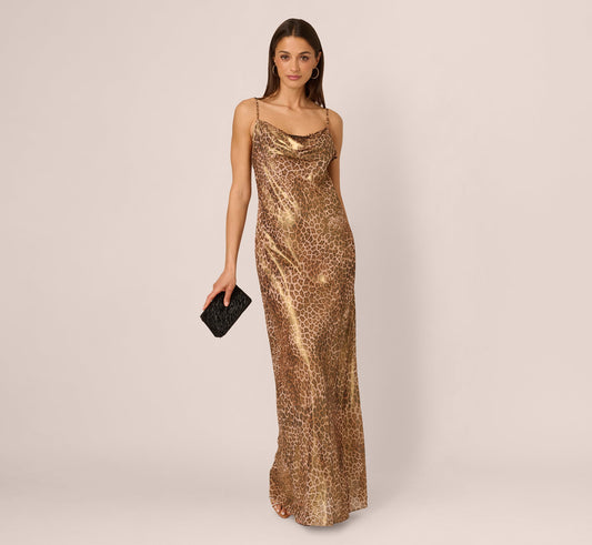 Foiled Animal Print Slip Dress In Brown Multi