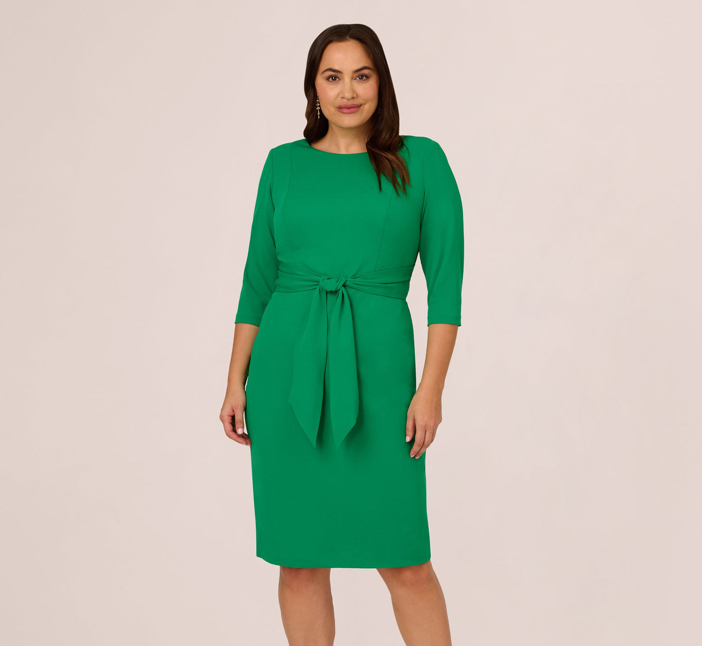 Plus Size Knit Crepe Bow Sheath Dress With Three Quarter Sleeves In Vivid Green
