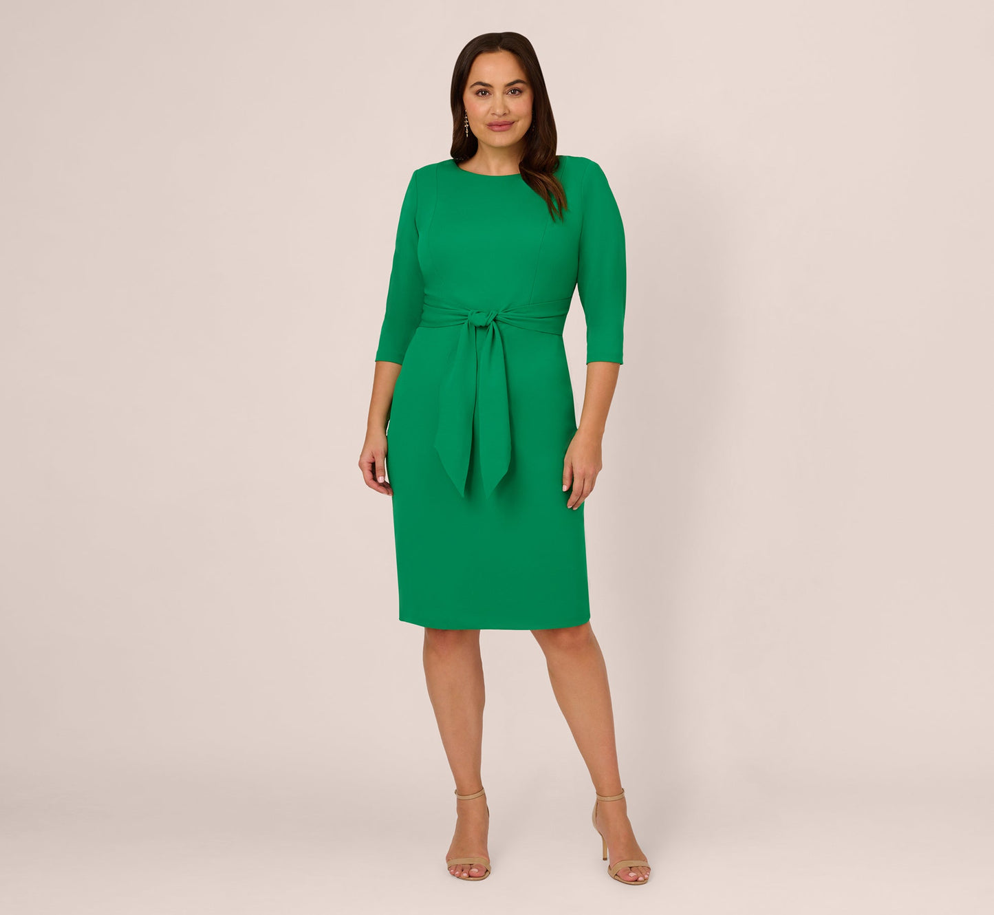 Plus Size Knit Crepe Bow Sheath Dress With Three Quarter Sleeves In Vivid Green