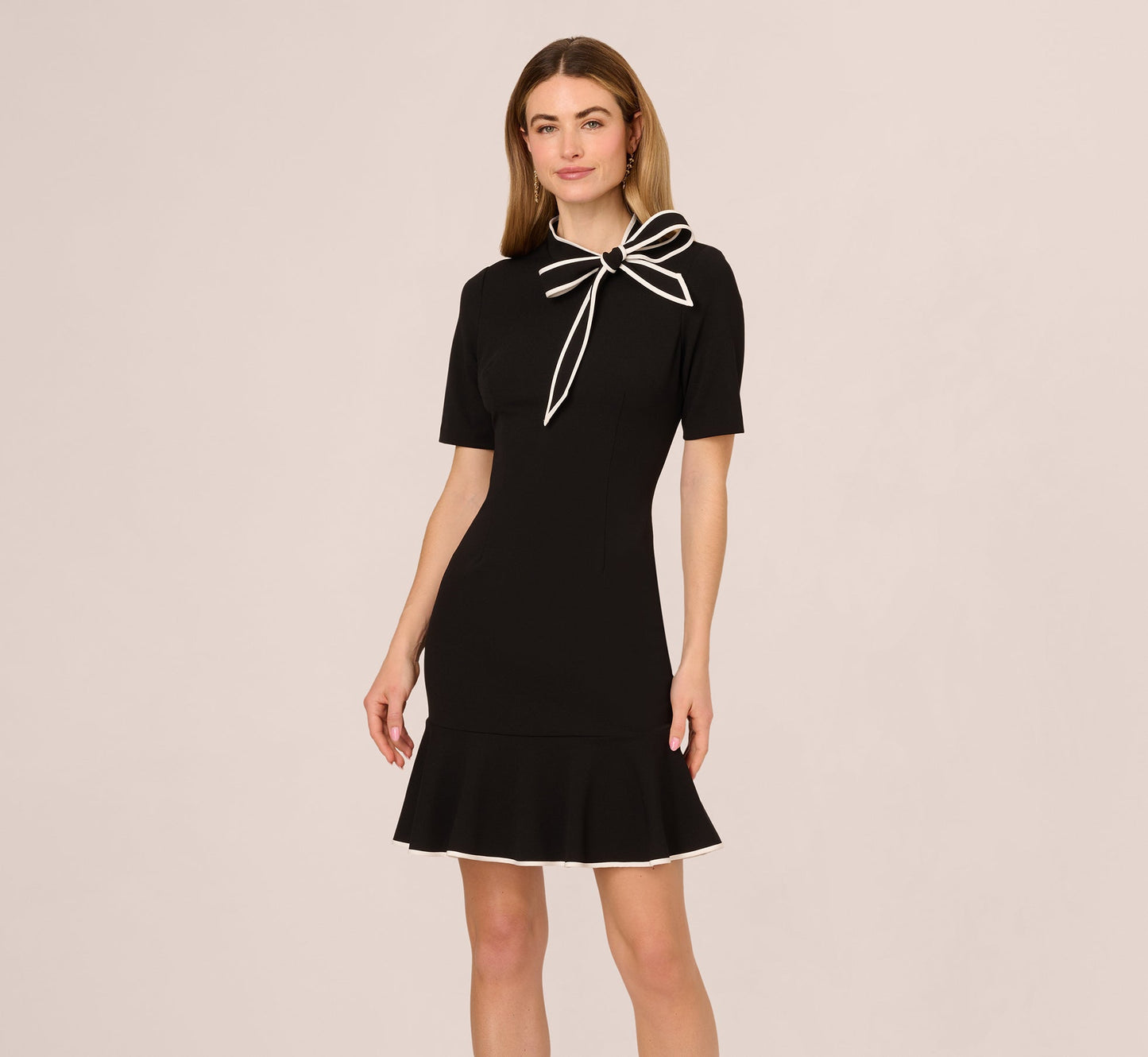 Mock Neck Dress With Contrasting Bowtie In Black Ivory