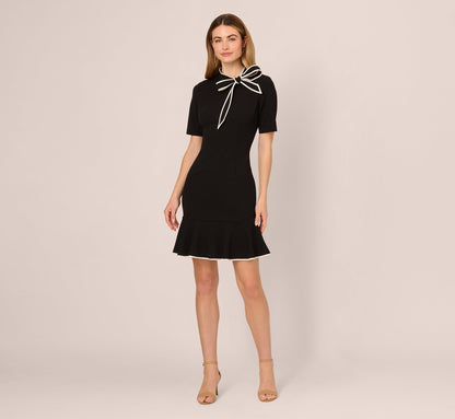 Mock Neck Dress With Contrasting Bowtie In Black Ivory
