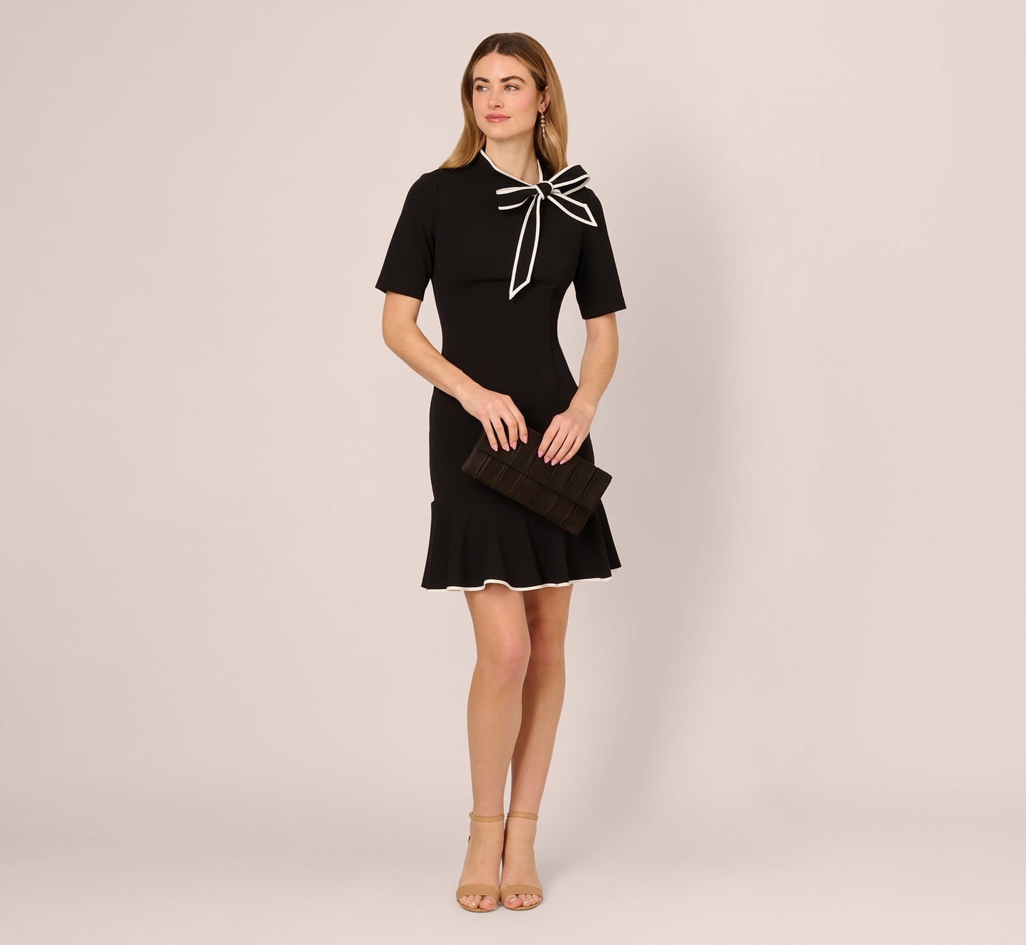 Mock Neck Dress With Contrasting Bowtie In Black Ivory