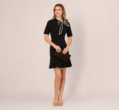 Mock Neck Dress With Contrasting Bowtie In Black Ivory