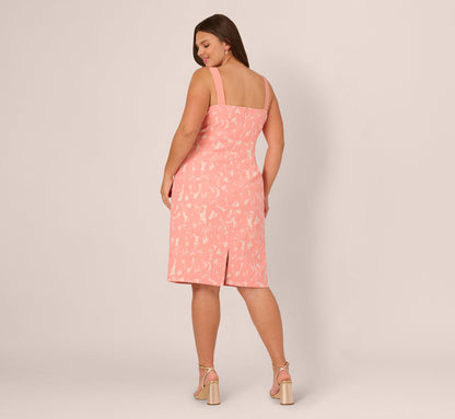 Plus Size Hibiscus Jacquard Sheath Dress With Tucked Details In Light Coral