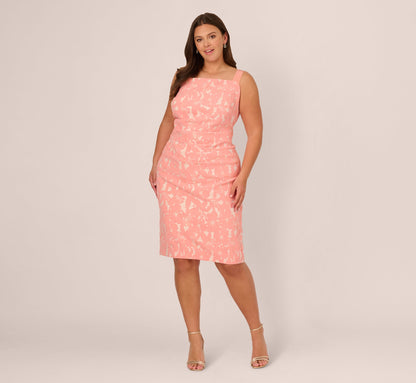 Plus Size Hibiscus Jacquard Sheath Dress With Tucked Details In Light Coral