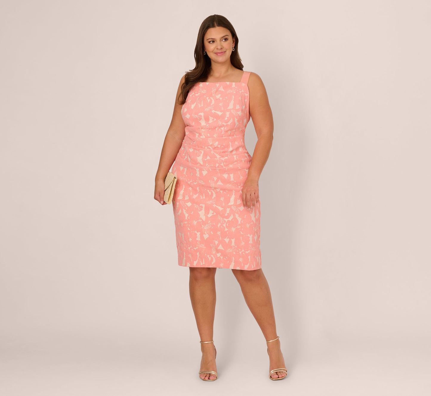 Plus Size Hibiscus Jacquard Sheath Dress With Tucked Details In Light Coral