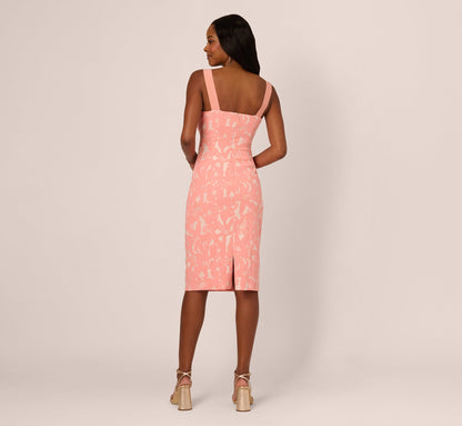 Hibiscus Jacquard Sheath Dress With Tucked Details In Light Coral