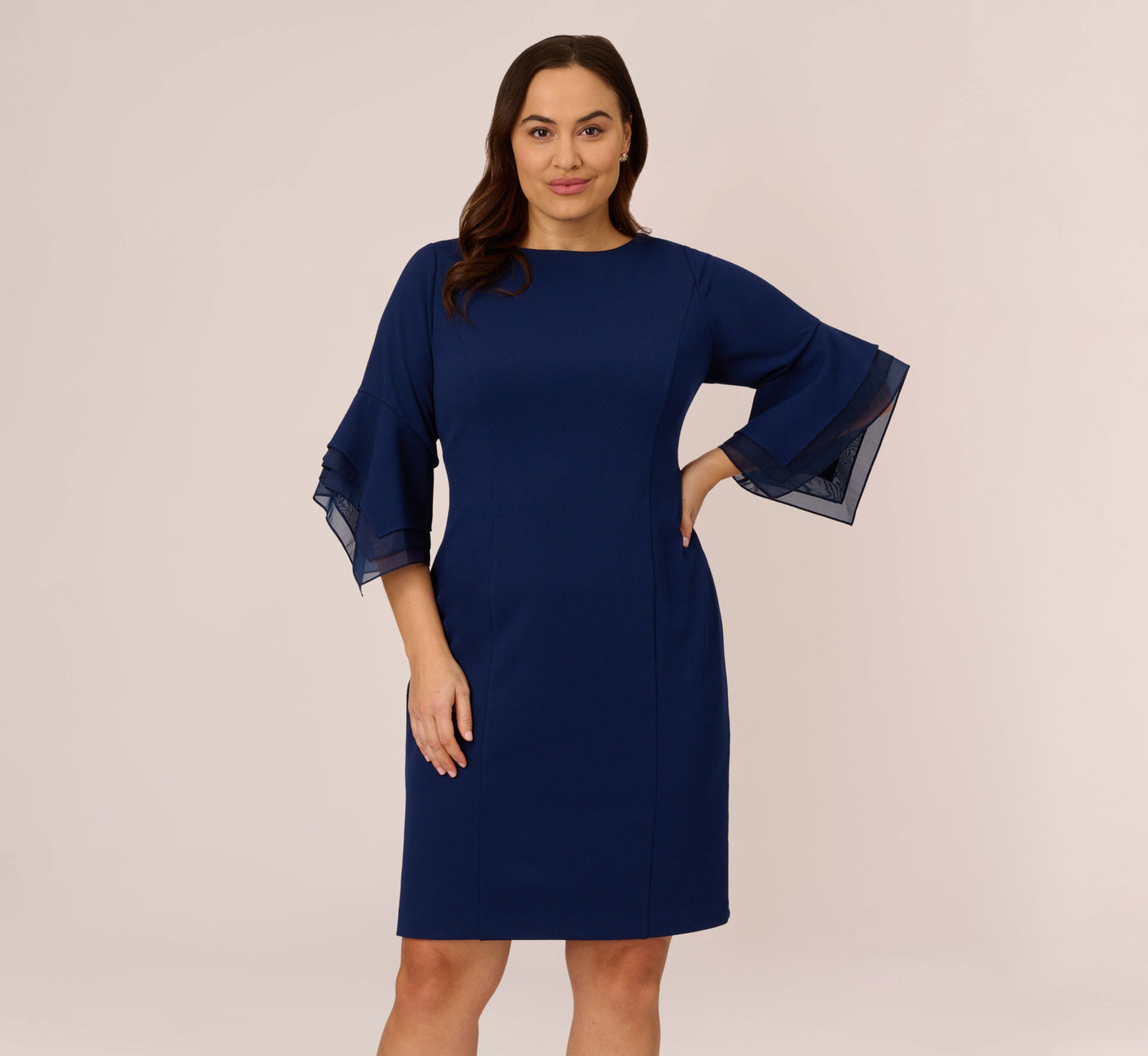 Plus Size Knit Crepe Sheath Dress With Tiered Three Quarter Sleeves In Navy Sateen