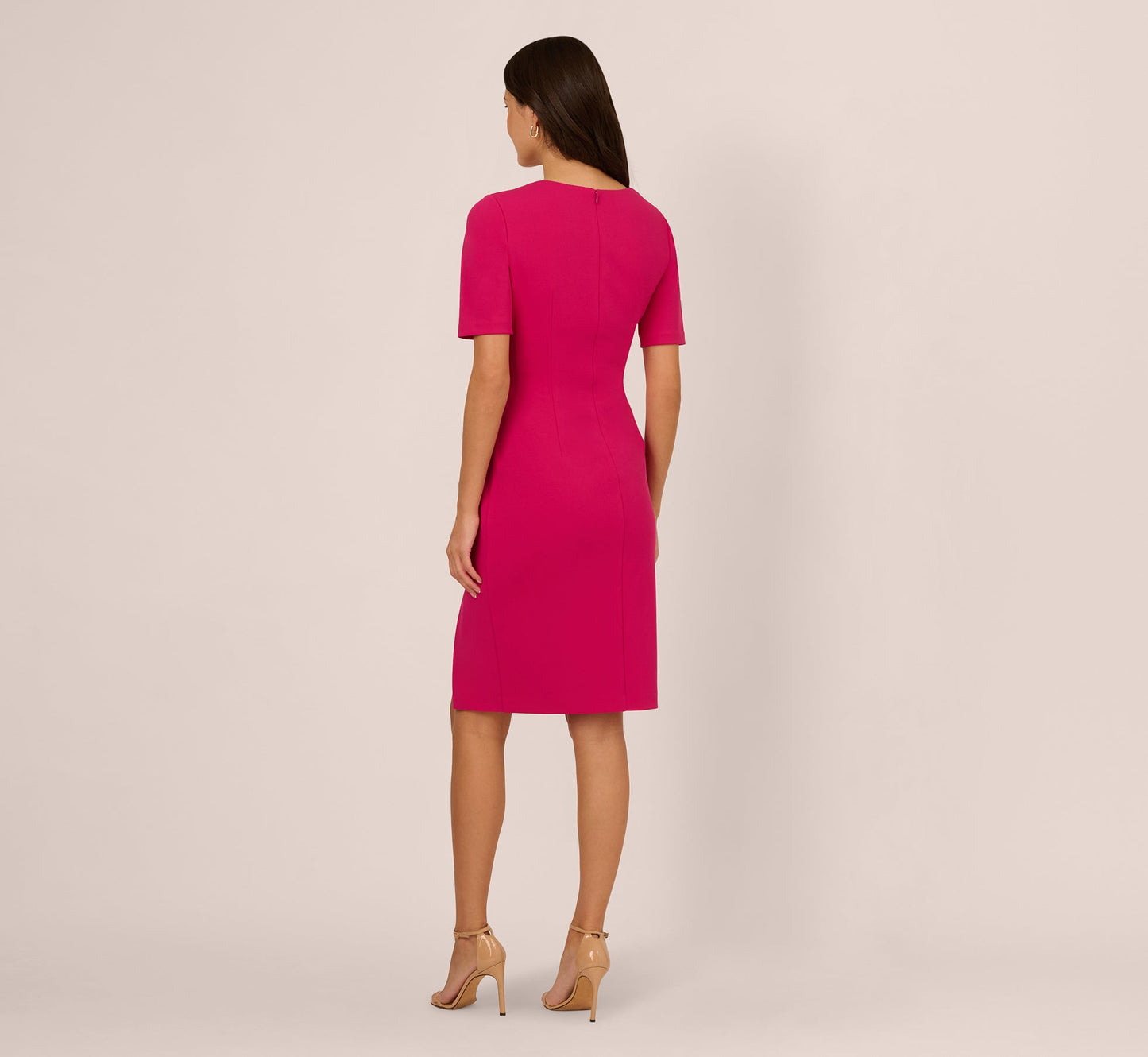 Draped Ruffle Crepe Dress With Short Sleeves In Brilliant Rose